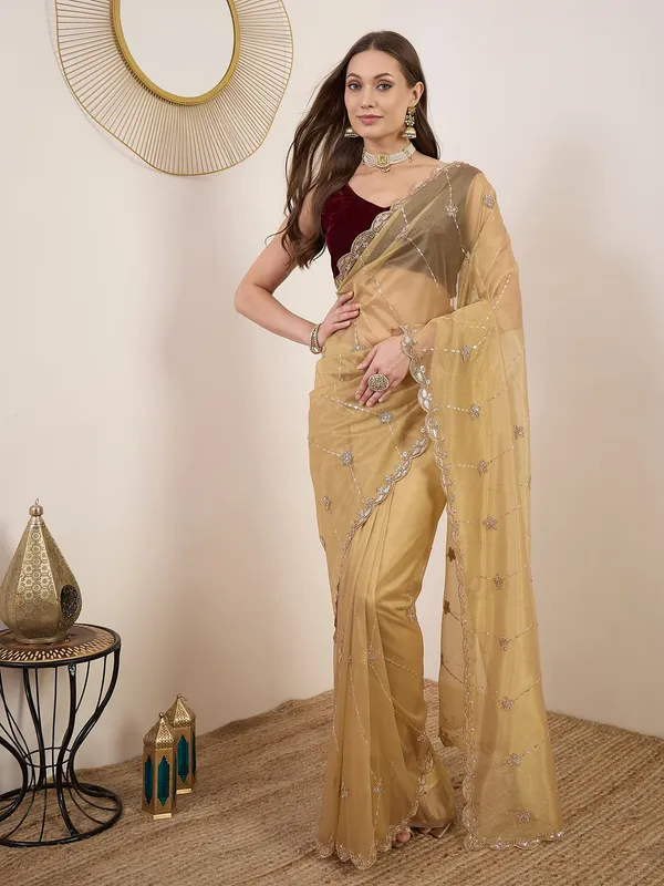 Golden_Beige_Satin_Embellished_Saree_For_Women