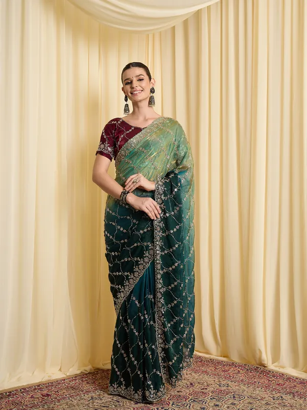 Green_Satin_Embroidered_Saree_For_Women