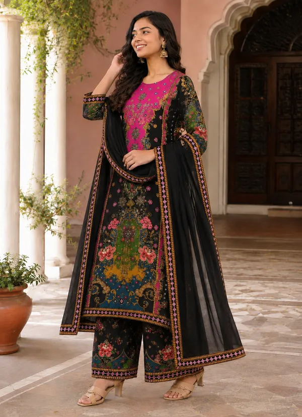 Black_Silk_Printed_Straight_Kurta_Bottom_Dupatta_Set_For_Women