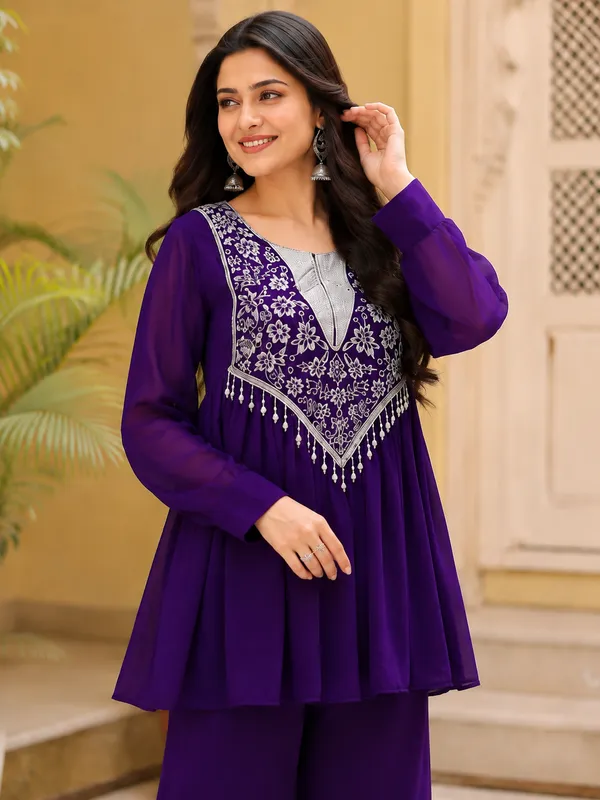 Purple_Georgette_Flared_Embroidered_Kurta_Set_For_Women