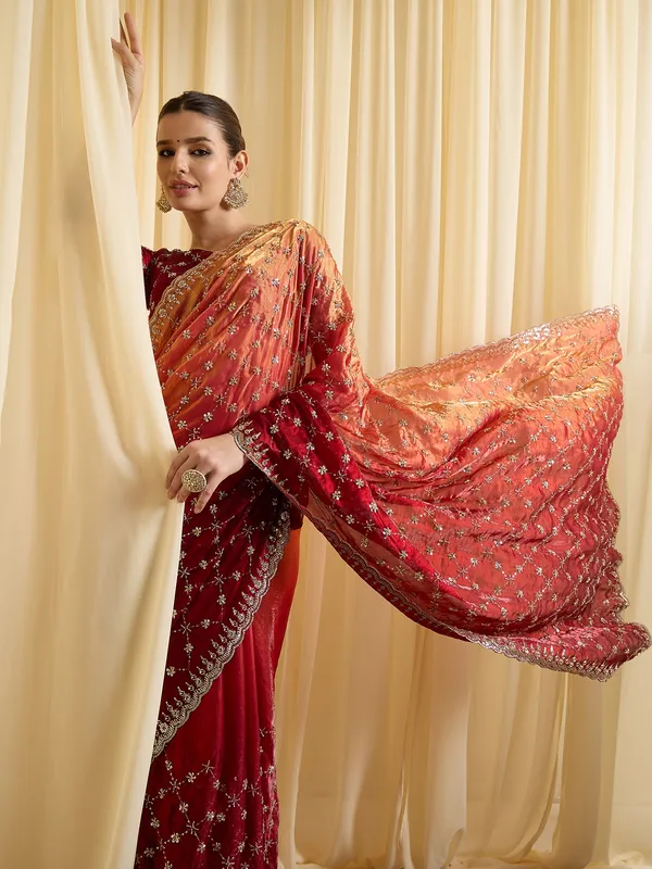 Red_Satin_Embroidered_Saree_For_Women