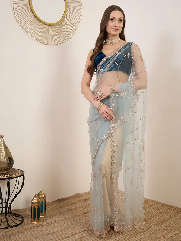 Grey_Net_Embroidered_Saree_For_Women