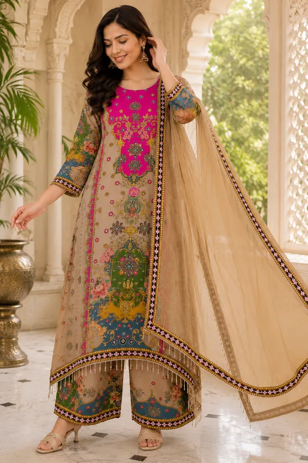 Beige_Silk_Printed_Kurta_Palazzo_Suit_Set_For_Women