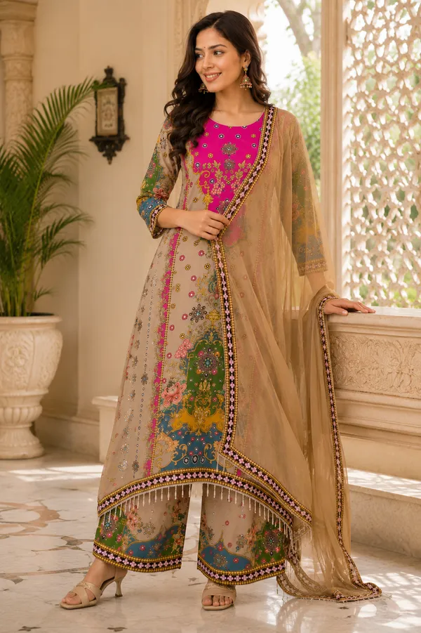 Beige_Silk_Printed_Kurta_Palazzo_Suit_Set_For_Women