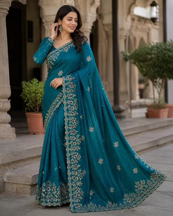 Teal_Satin_Floral_Embroidered_Saree_For_Women