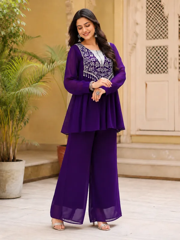 Purple_Georgette_Flared_Embroidered_Kurta_Set_For_Women