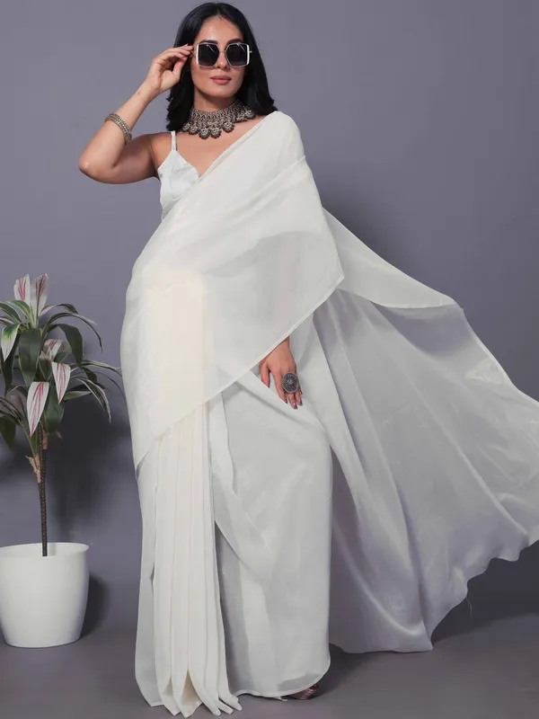 White_Satin_Draped_Saree_With_Strappy_Blouse_For_Women