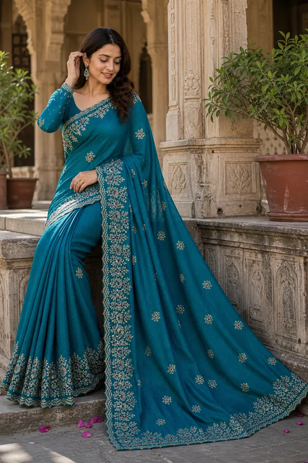 Teal_Satin_Floral_Embroidered_Saree_For_Women