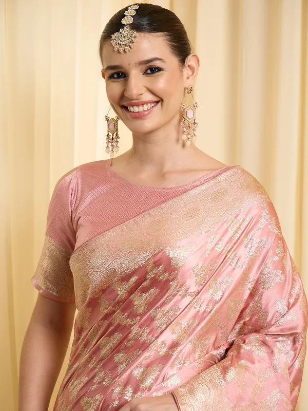 Pink_Satin_Brocade_Woven_Saree_With_Blouse_For_Women