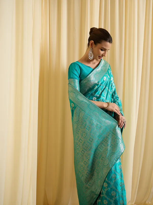 Teal_Satin_Woven_Saree_For_Women