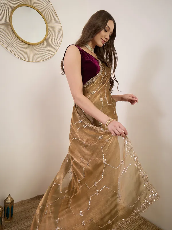 Gold_Satin_Sequin_Embellished_Saree_With_Maroon_Blouse_For_Women