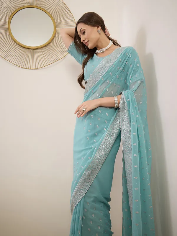 Aqua_Blue_Satin_Embroidered_Saree_For_Women