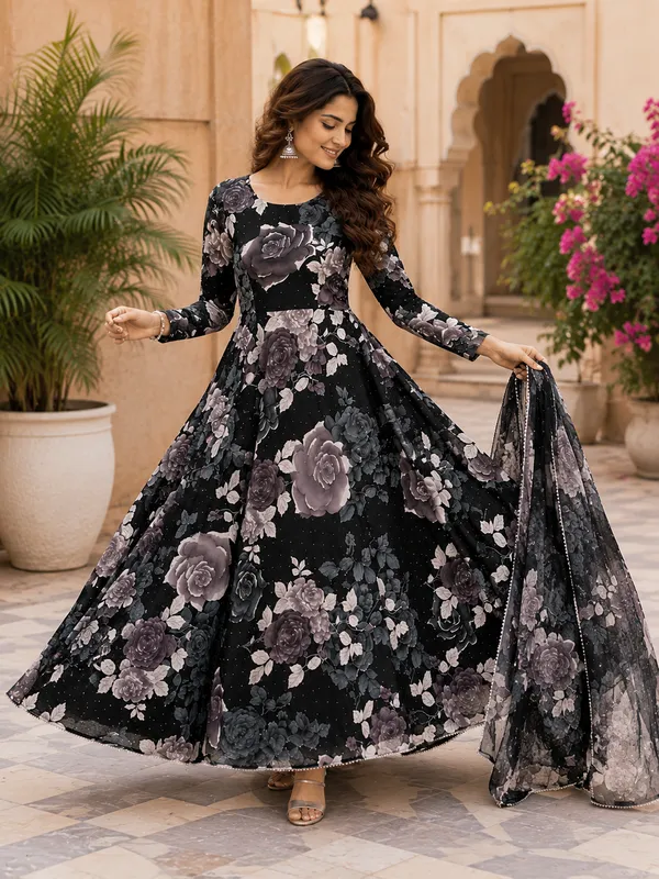 Black_Poly_Georgette_Floral_Print_Anarkali_Suit_Set_For_Women