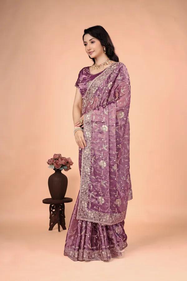 Purple_Satin_Floral_Embroidered_Saree_For_Women