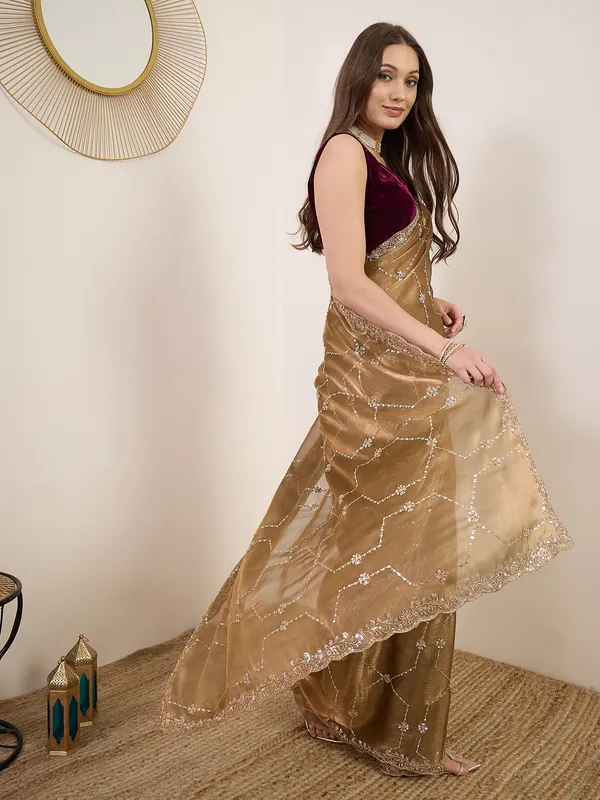 Gold_Satin_Sequin_Embellished_Saree_With_Maroon_Blouse_For_Women