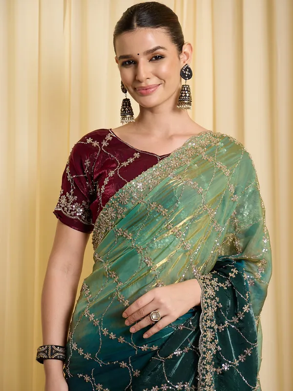 Green_Satin_Embroidered_Saree_For_Women