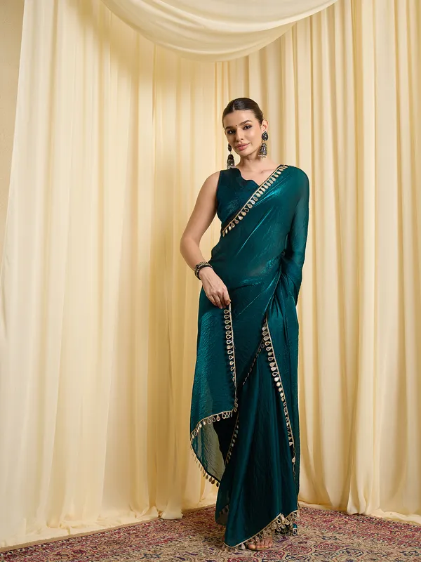Teal_Satin_Embellished_Saree_For_Women