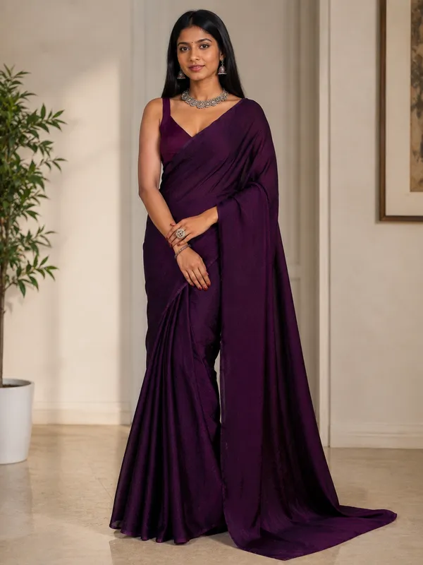 Purple_Satin_Draped_Saree_For_Women