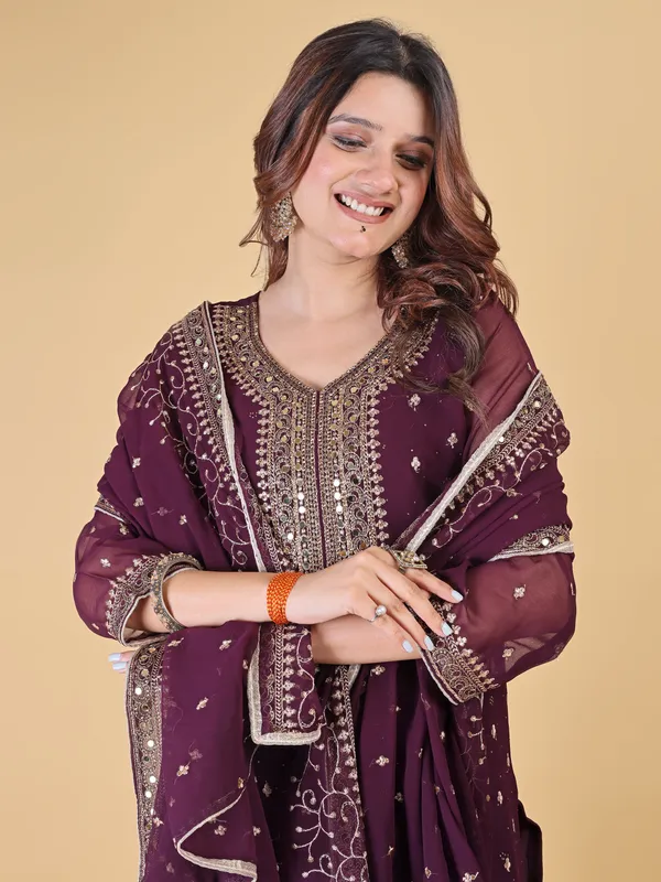Maroon_Cotton_Embroidered_Sharara_Kurta_Set_For_Women