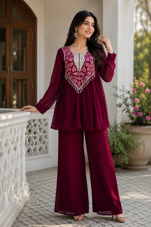 Maroon_Georgette_Flared_Embroidered_Kurta_Set_For_Women