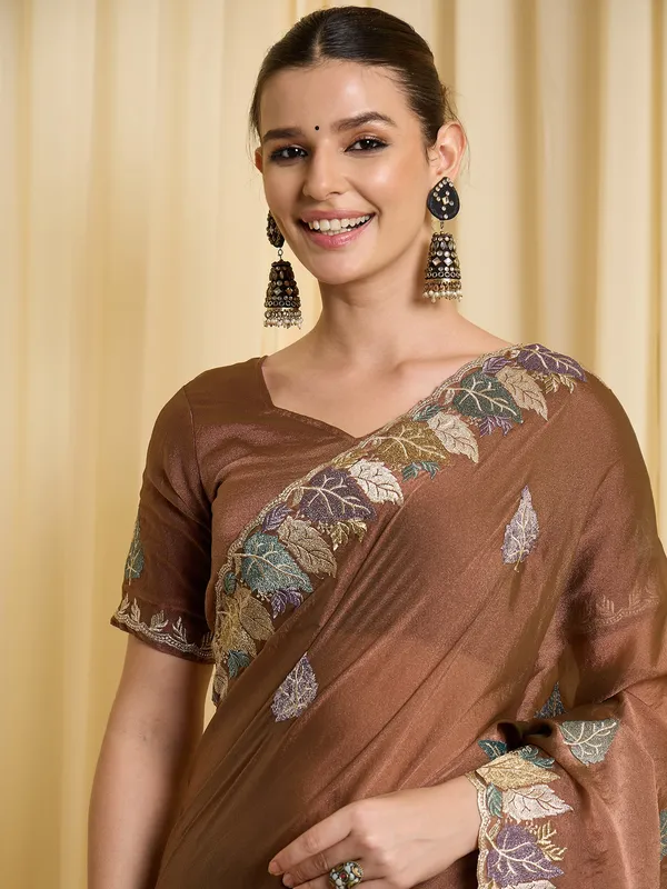 Brown_Satin_Floral_Embroidered_Saree_For_Women