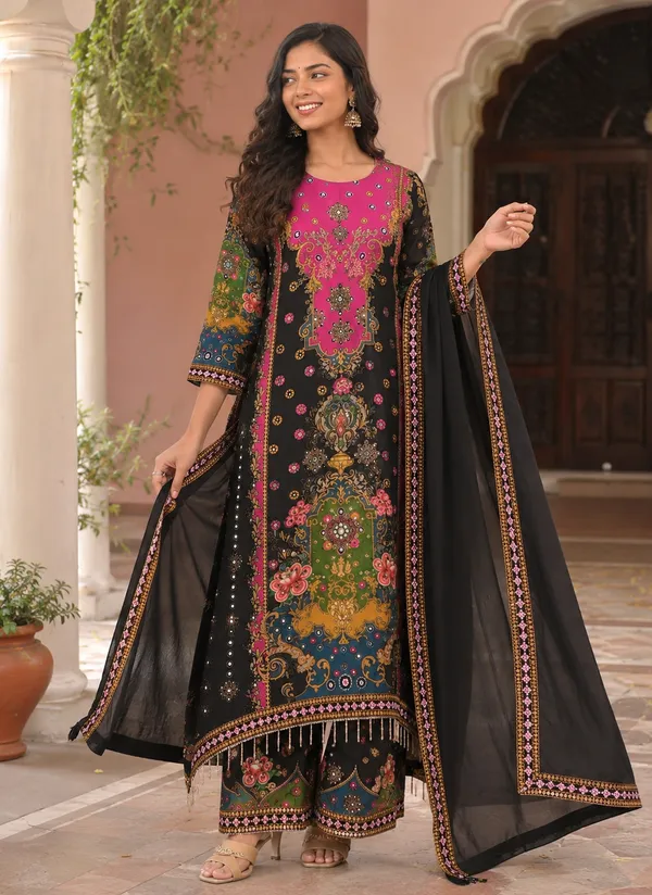 Black_Silk_Printed_Straight_Kurta_Bottom_Dupatta_Set_For_Women