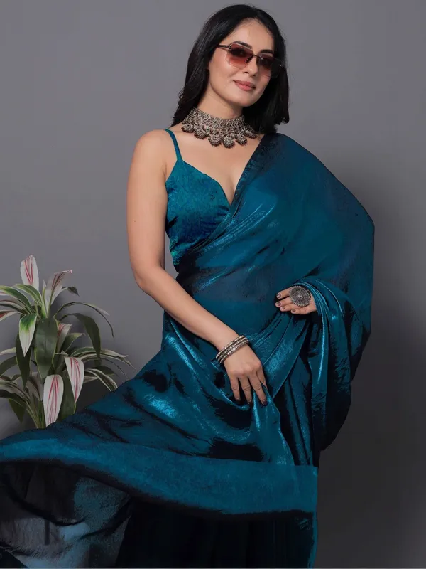 Teal_Satin_Draped_Saree_For_Women