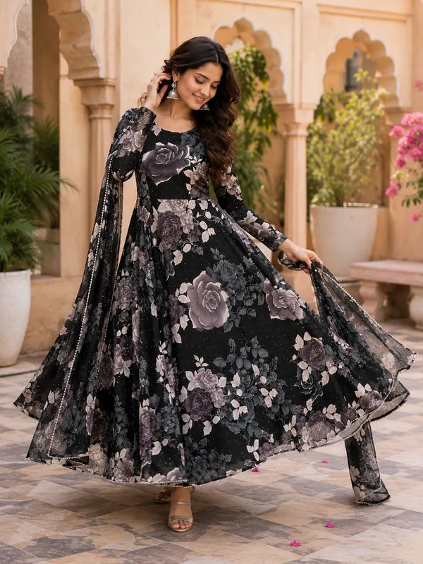 Black_Poly_Georgette_Floral_Print_Anarkali_Suit_Set_For_Women