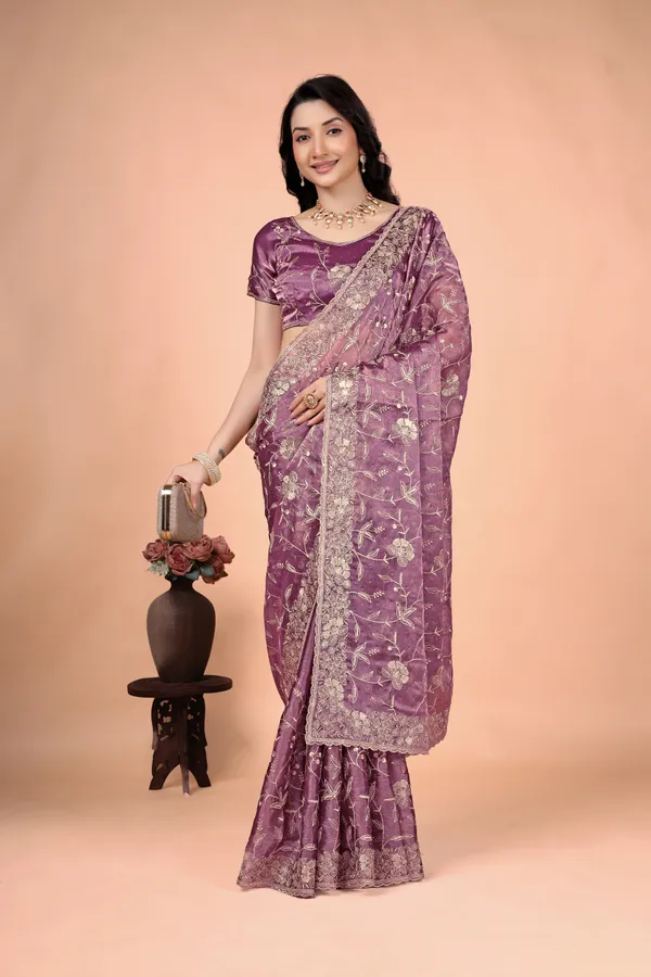 Purple_Satin_Floral_Embroidered_Saree_For_Women