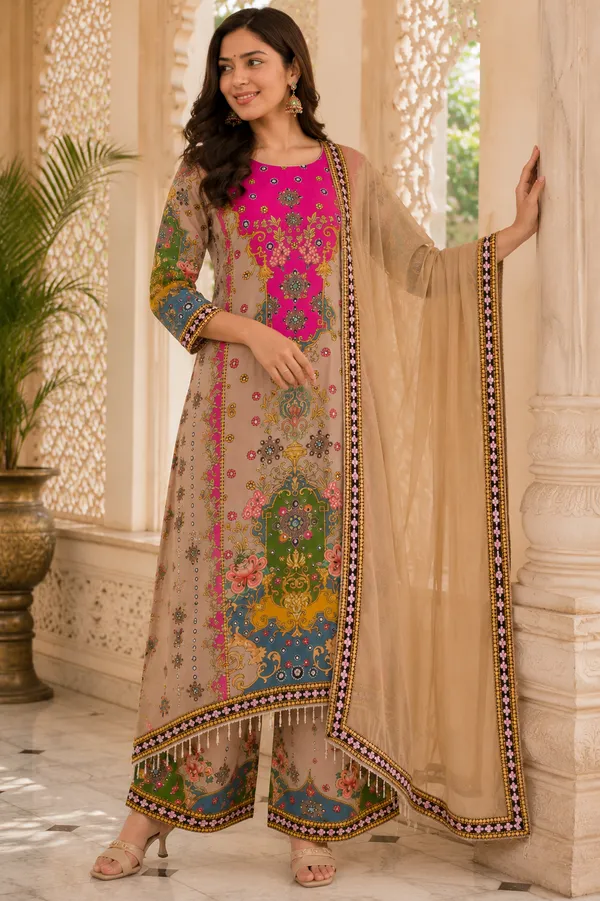 Beige_Silk_Printed_Kurta_Palazzo_Suit_Set_For_Women