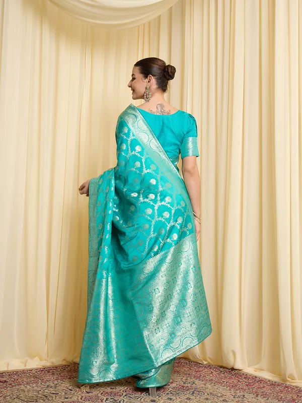 Teal_Satin_Woven_Saree_For_Women