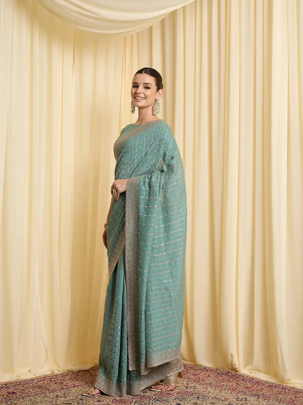 Teal_Satin_Woven_Striped_Saree_For_Women
