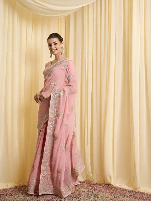 Pink_Satin_Floral_Embroidered_Saree_For_Women