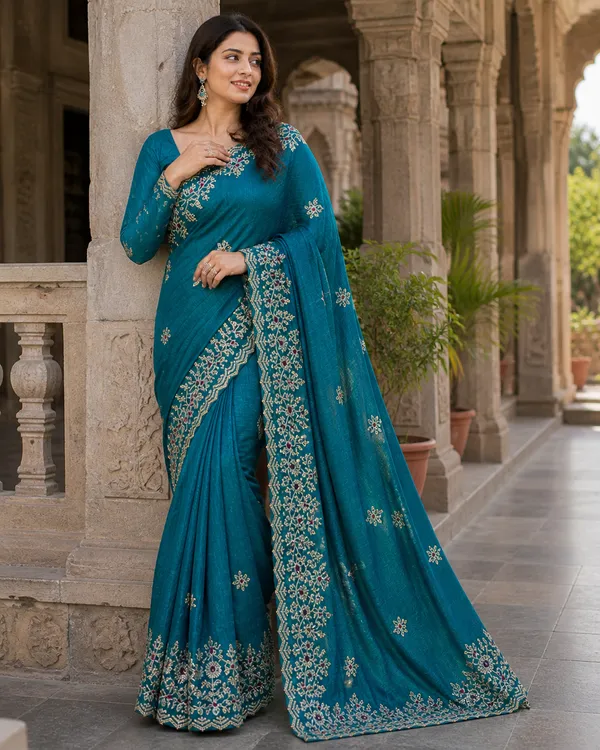 Teal_Satin_Floral_Embroidered_Saree_For_Women