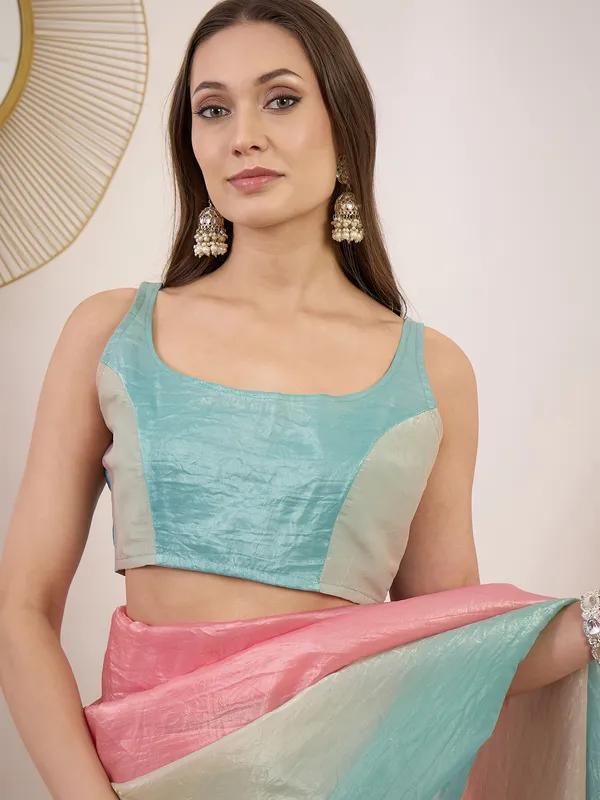 Pink_Aqua_Satin_Textured_Contrast_Panel_Saree_For_Women