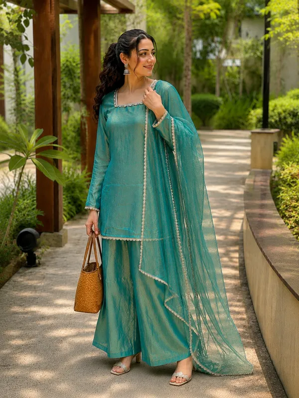 Aqua_Satin_Straight_Fit_Kurta_Wide-Leg_Pants_Dupatta_Set_For_Women
