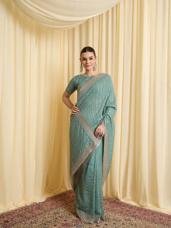 Teal_Satin_Woven_Striped_Saree_For_Women