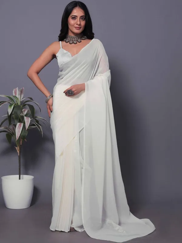 White_Satin_Draped_Saree_With_Strappy_Blouse_For_Women