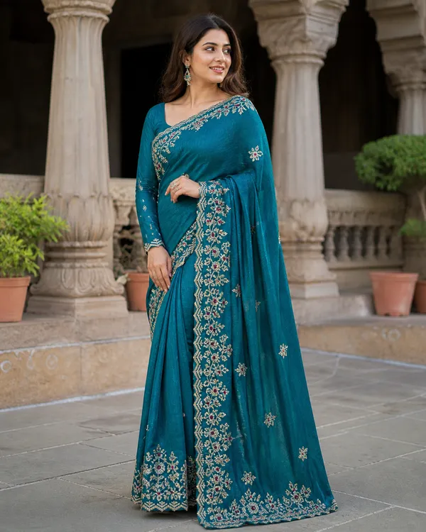 Teal_Satin_Floral_Embroidered_Saree_For_Women
