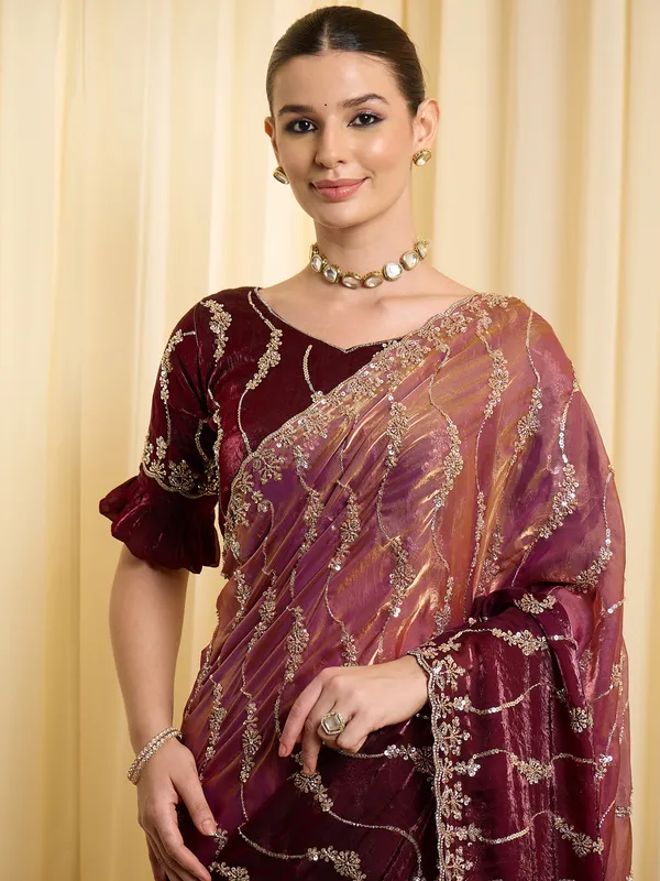 Maroon_Satin_Silver_Embellished_Saree_For_Women
