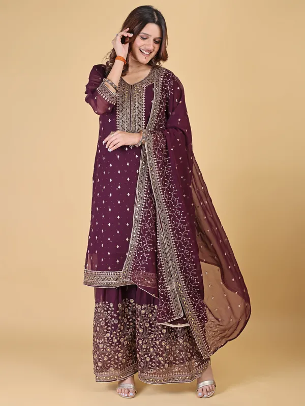 Maroon_Cotton_Embroidered_Sharara_Kurta_Set_For_Women