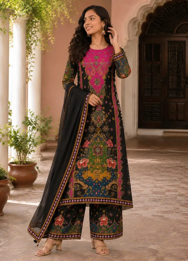 Black_Silk_Printed_Straight_Kurta_Bottom_Dupatta_Set_For_Women