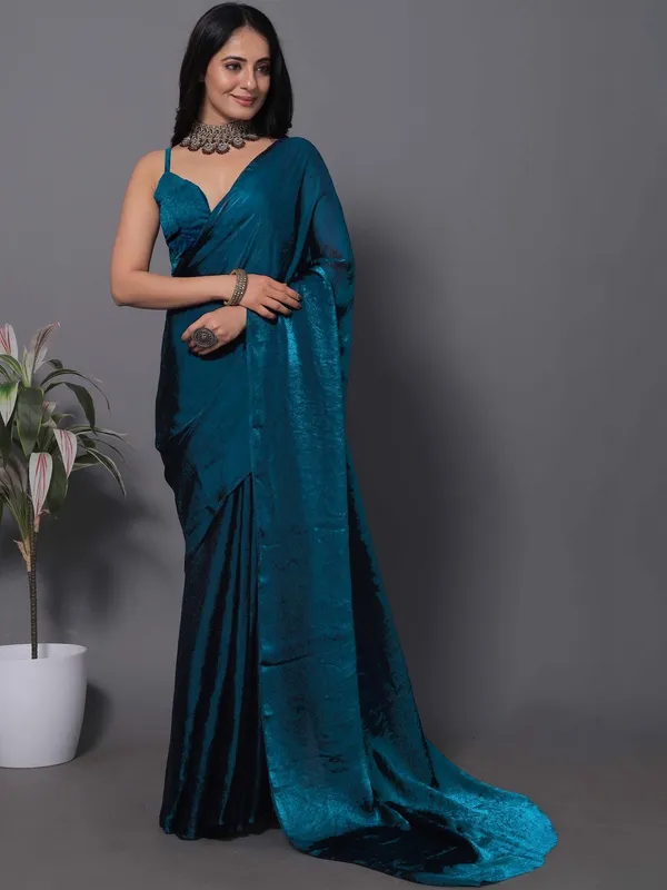 Teal_Satin_Draped_Saree_For_Women