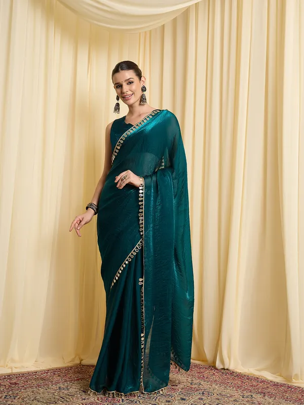 Teal_Satin_Embellished_Saree_For_Women