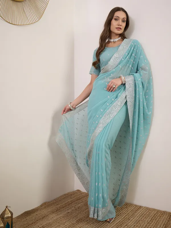 Aqua_Blue_Satin_Embroidered_Saree_For_Women