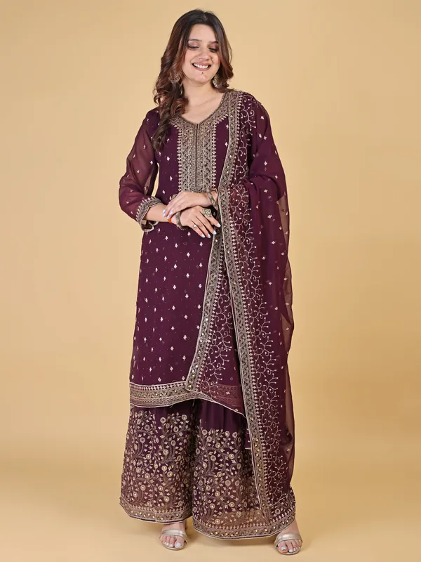 Maroon_Cotton_Embroidered_Sharara_Kurta_Set_For_Women