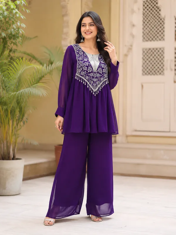 Purple_Georgette_Flared_Embroidered_Kurta_Set_For_Women