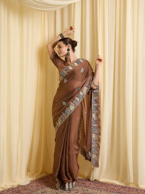 Brown_Satin_Floral_Embroidered_Saree_For_Women
