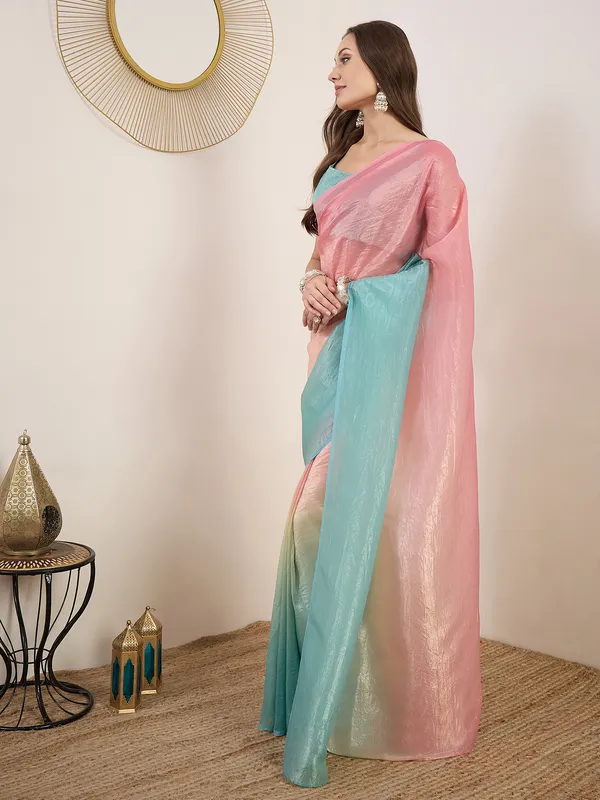 Pink_Aqua_Satin_Textured_Contrast_Panel_Saree_For_Women
