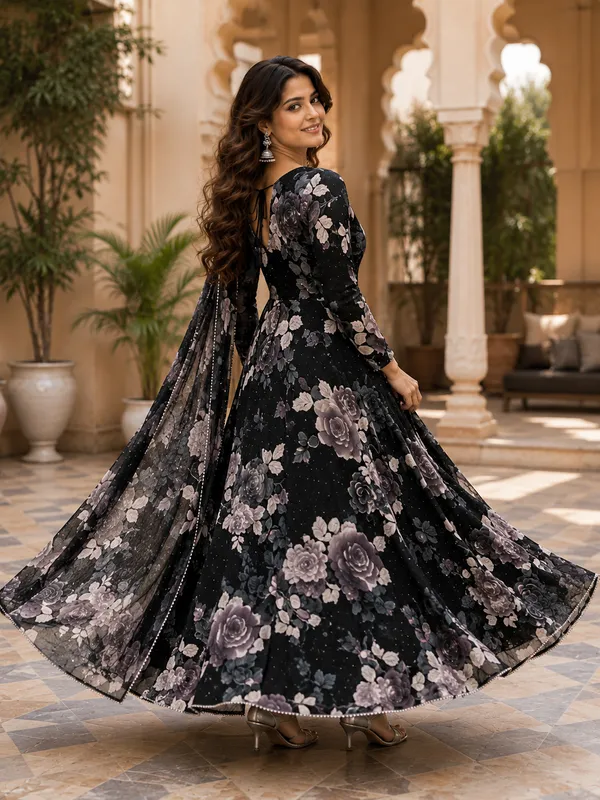 Black_Poly_Georgette_Floral_Print_Anarkali_Suit_Set_For_Women